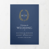 Gouden blauwe monogram krans toewijding bruiloft drieluik programma (Cover)
