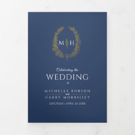 Gouden blauwe monogram krans toewijding bruiloft drieluik programma