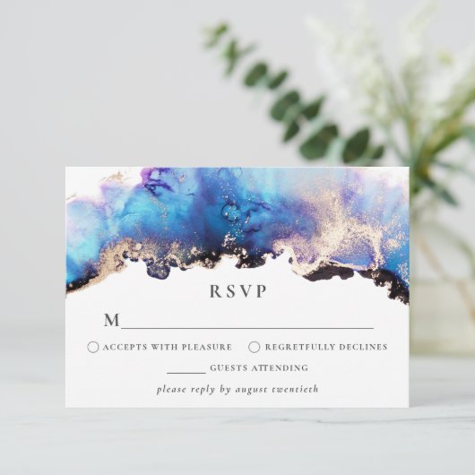 Gouden Blauwe Paarse RSVP-kaart Waterverf Inkt RSVP Kaartje (Staand voorkant)
