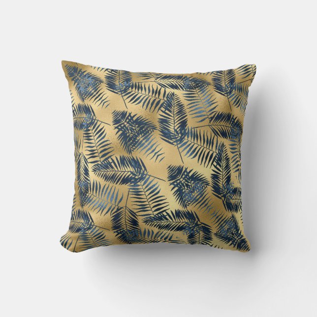 Gouden Blauwe Palmblad Worp Kussen  (Voorkant)