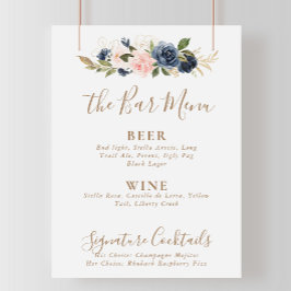 Gouden Blauwe Roze Bloemen Bruiloft Bar Menu Poster