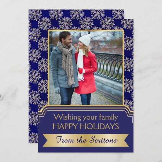 Gouden, blauwe sneeuwvlok en lijst kerstGroupon Feestdagenkaart (Voorkant / Achterkant)