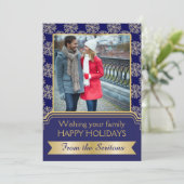 Gouden, blauwe sneeuwvlok en lijst kerstGroupon Feestdagenkaart (Staand voorkant)