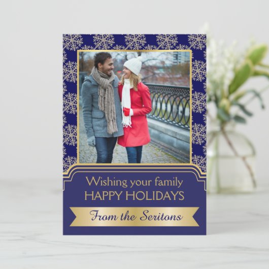 Gouden, blauwe sneeuwvlok en lijst kerstGroupon Feestdagenkaart (Staand voorkant)