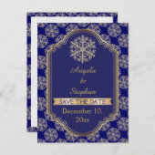 Gouden, blauwe sneeuwvlok & lijst bruiloft Save th Aankondigingskaart (Voorkant / Achterkant)