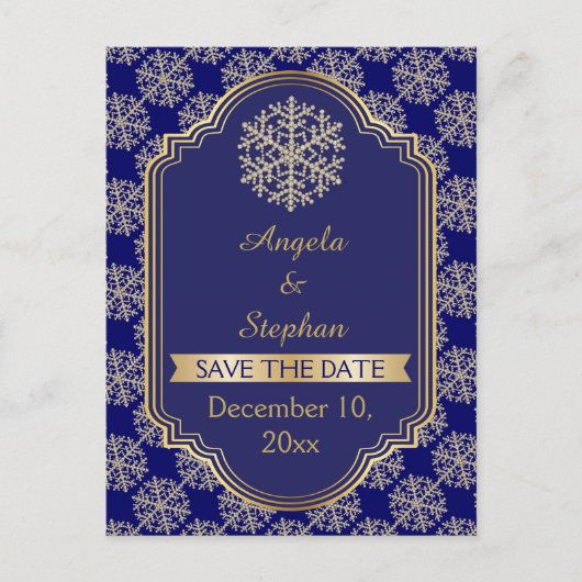 Gouden, blauwe sneeuwvlok & lijst bruiloft Save th Aankondigingskaart (Voorkant)