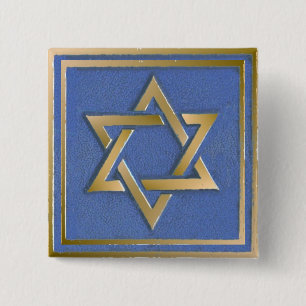 Gouden Blauwe Ster David Kunstpaneel Vierkante Button 5,1 Cm