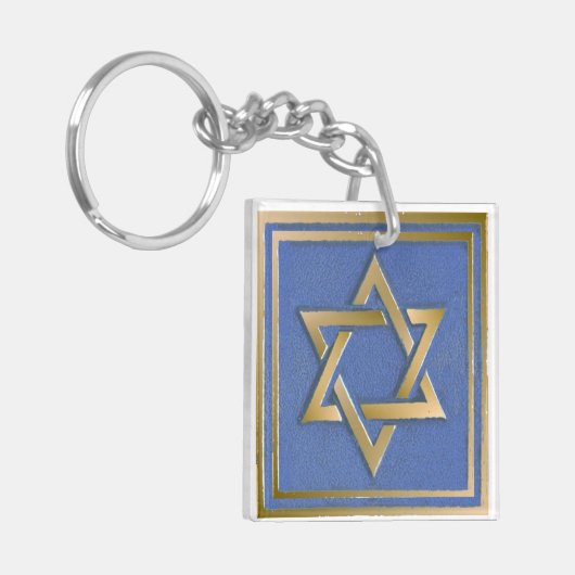 Gouden Blauwe Ster van David Art Panel Sleutelhanger (Voorkant Links)