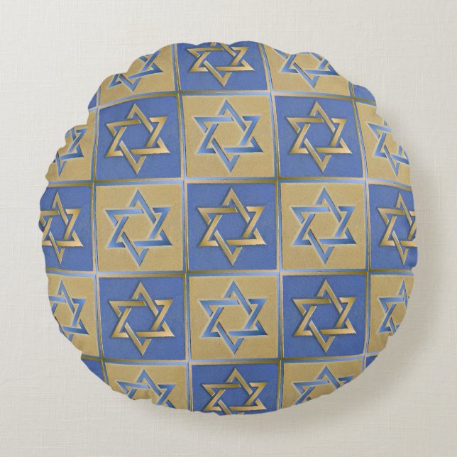 Gouden Blauwe Ster van David Kunstpanelen Rond Kussen (Voorkant)
