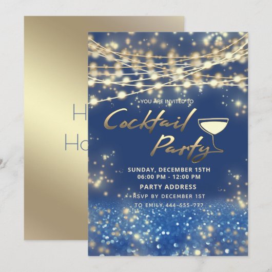 Gouden blauwe string lichten corporate Cocktail pa Kaart (Voorkant / Achterkant)