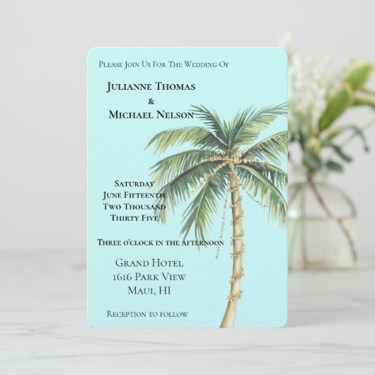 Gouden Blauwe Tropische Palm Tree Wedding Kaart (Staand voorkant)