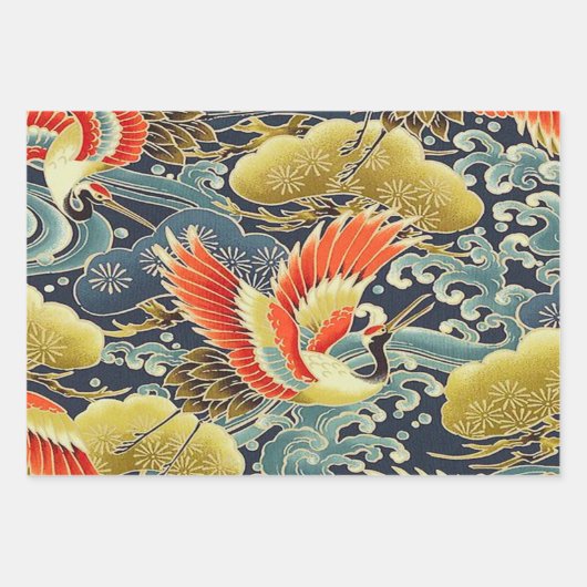 Gouden Blauwe Vogel Japans Kimono Bloemen Decoupag Inpakpapier Vel (Voorkant)