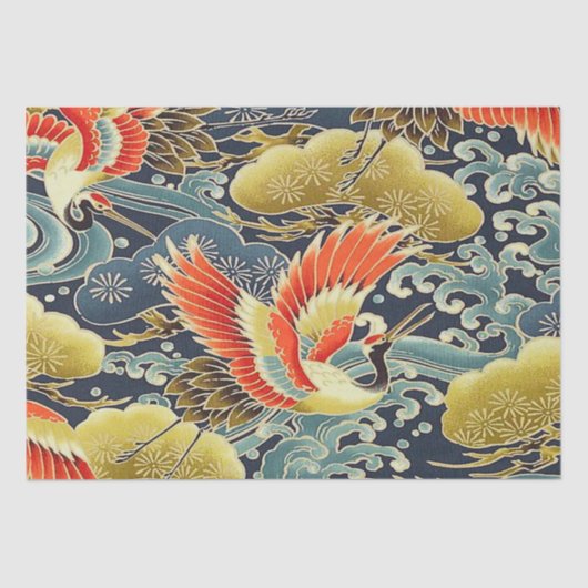 Gouden Blauwe Vogel Japans Kimono Bloemen Decoupag Tissuepapier (Voorkant)