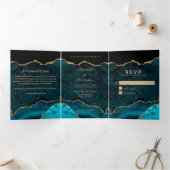 Gouden Blauwgroen Agaat Geode Wedding Drieluik Uitnodiging (Binnen)
