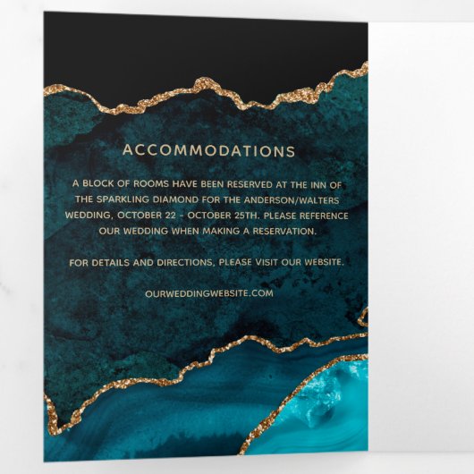 Gouden Blauwgroen Agaat Geode Wedding Drieluik Uitnodiging (Binnenzijde eerst)