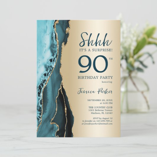 Gouden Blauwgroen Agaat Verrassing 90e Verjaardag Kaart (Staand voorkant)