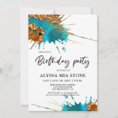 Gouden Blauwgroen Artistic Splash Verjaardagsfeest Kaart (Voorkant)