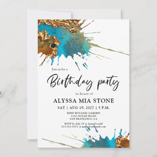 Gouden Blauwgroen Artistic Splash Verjaardagsfeest Kaart (Voorkant)