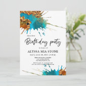 Gouden Blauwgroen Artistic Splash Verjaardagsfeest Kaart (Staand voorkant)