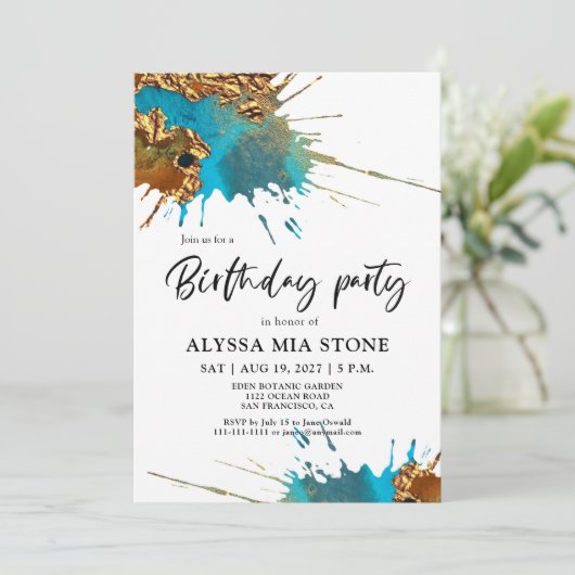 Gouden Blauwgroen Artistic Splash Verjaardagsfeest Kaart (Staand voorkant)