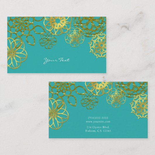 Gouden & Blauwgroen Bloemenmandala's Visitekaartje (Voorkant / Achterkant)
