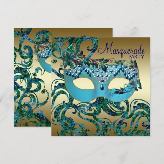Gouden Blauwgroen Blue Masquerade Party Uitnodigin Kaart (Voorkant / Achterkant)