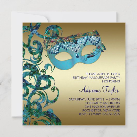Gouden Blauwgroen Blue Masquerade Party Uitnodigin Kaart (Achterkant)