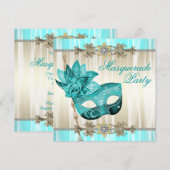 Gouden Blauwgroen Blue Masquerade Party Uitnodigin Kaart (Voorkant / Achterkant)