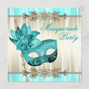 Gouden Blauwgroen Blue Masquerade Party Uitnodigin Kaart
