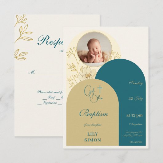 Gouden blauwgroen doop doop RSVP (Voorkant / Achterkant)