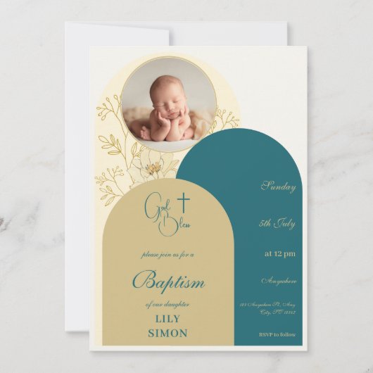 Gouden blauwgroen doop kaart (Voorkant)