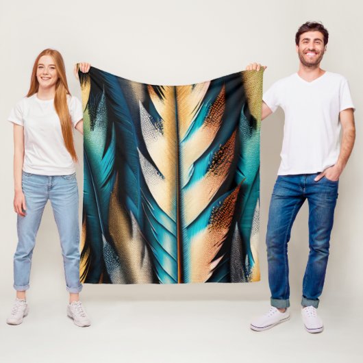Gouden & Blauwgroen Feather Art Fleece Deken (In situ)