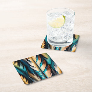 Gouden & Blauwgroen Feather Art Kartonnen Onderzetters