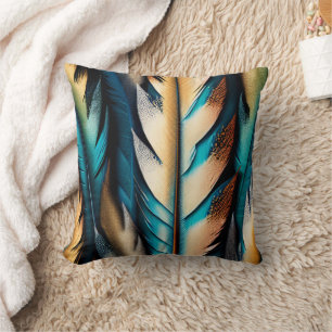 Gouden & Blauwgroen Feather Art Kussen