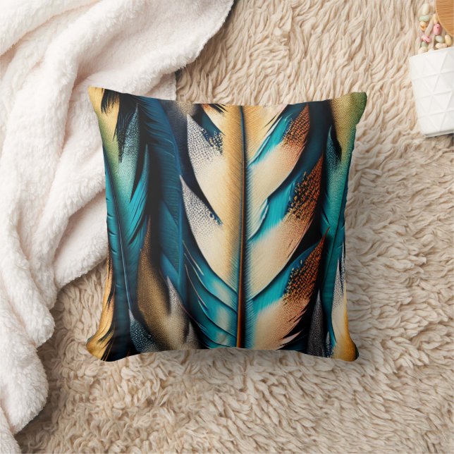 Gouden & Blauwgroen Feather Art Kussen (Deken)
