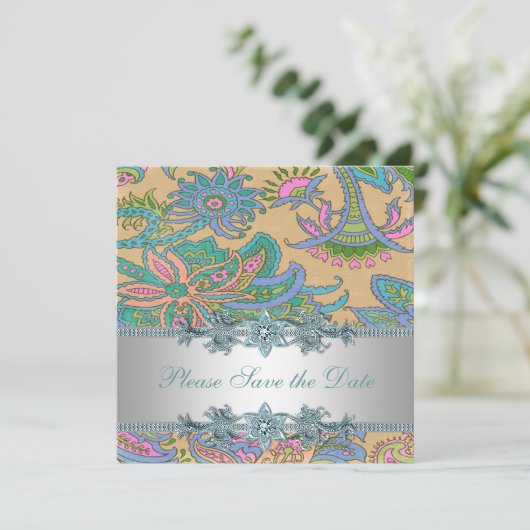 Gouden Blauwgroen Paisley Indiase bruiloft Save th Save The Date (Staand voorkant)