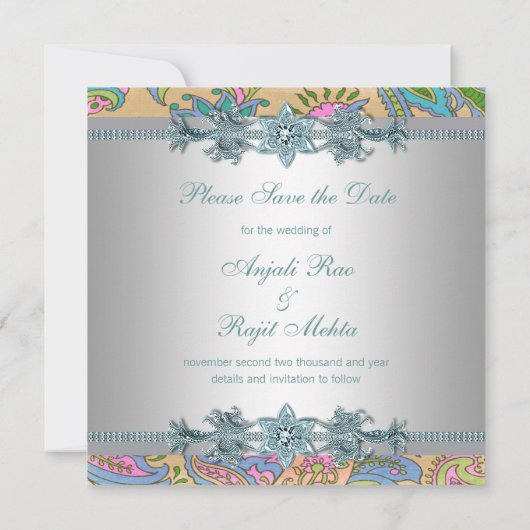 Gouden Blauwgroen Paisley Indiase bruiloft Save th Save The Date (Achterkant)