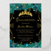 Gouden Blauwgroen Zwarte Draaier Scroll Floral Qui Folie Uitnodiging (Voorkant)
