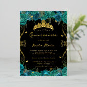 Gouden Blauwgroen Zwarte Draaier Scroll Floral Qui Folie Uitnodiging (Staand Voorkant)