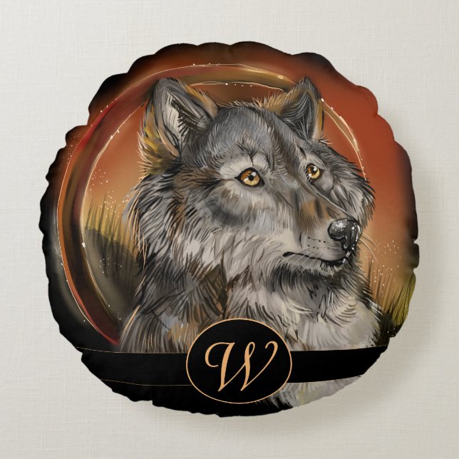 Gouden blik Monogram Wolf Rond Kussen (Voorkant)