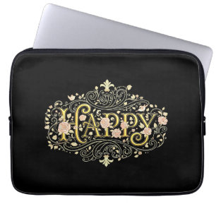 Gouden Bliss: Elegante Bloemige Gelukkig Laptop Sleeve