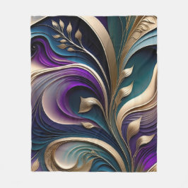 Gouden Bloei - Diep Paarse en Teal Abstracte Flora Fleece Deken