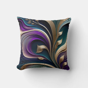 Gouden Bloei - Diep Paarse en Teal Abstracte Flora Kussen