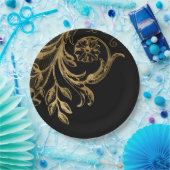 Gouden bloei | Elegant Goud Bloemen op Zwart Papieren Bordje (Feest)