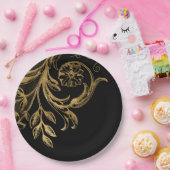 Gouden bloei | Elegant Goud Bloemen op Zwart Papieren Bordje (Feest)