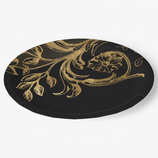 Gouden bloei | Elegant Goud Bloemen op Zwart Papieren Bordje (Gekanteld)