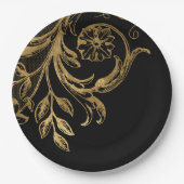 Gouden bloei | Elegant Goud Bloemen op Zwart Papieren Bordje (Voorkant)