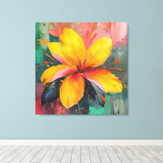 Gouden Bloei – Levendige Abstracte Bloemexpressie Canvas Afdruk (Insitu (Houten vloer))