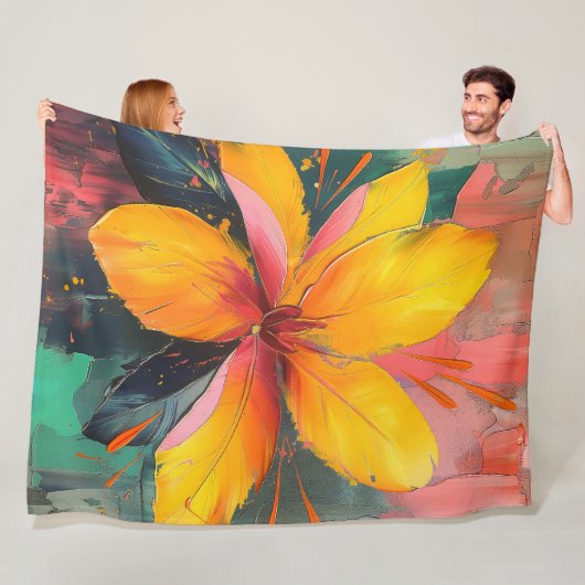 Gouden Bloei – Levendige Abstracte Bloemexpressie Fleece Deken (In situ)