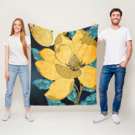 Gouden Bloei met Tealbladeren Abstracte Bloem Fleece Deken
